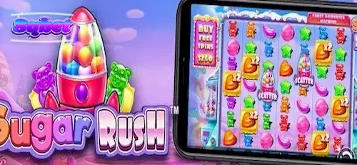 Giao diện trò chơi slot Sugar Rush với lưới 7x7 đầy màu sắc